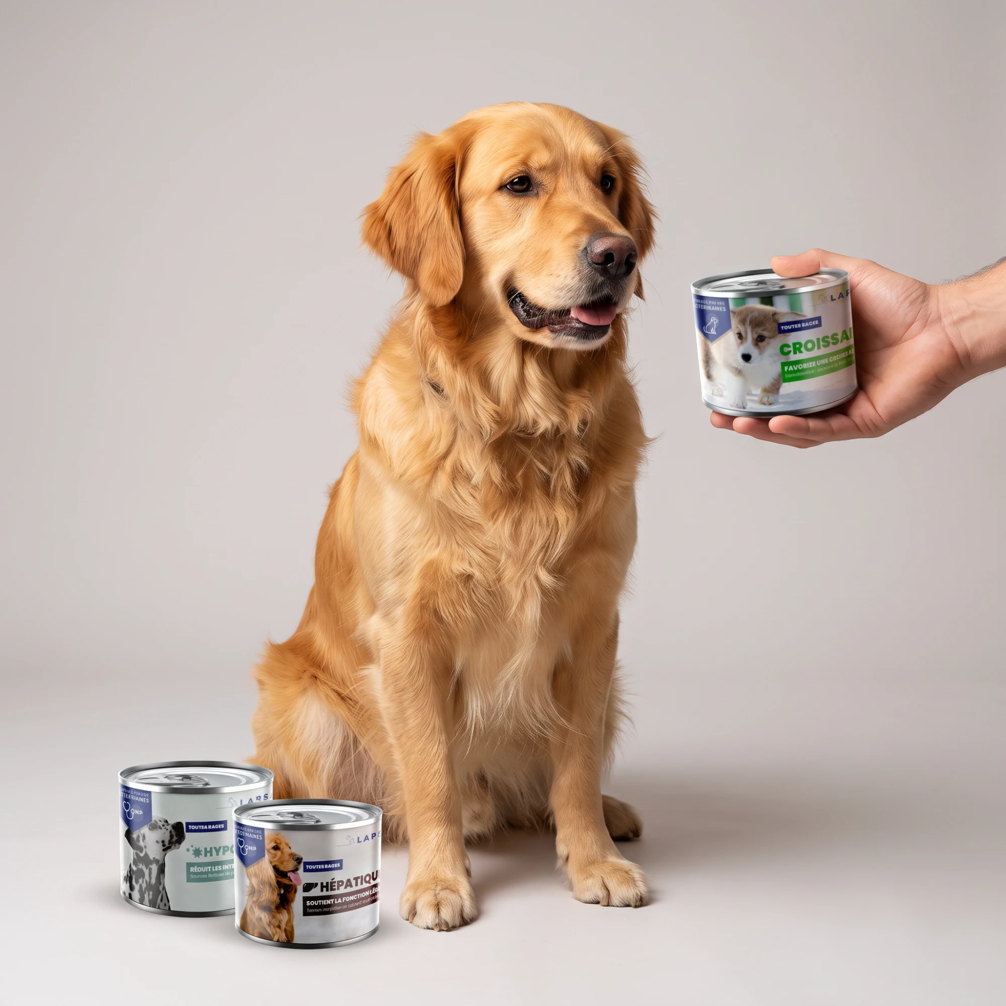 Un golden retriever assis regarde une boîte croissance que lui tend une main ; deux autres boîtes sont posées devant lui